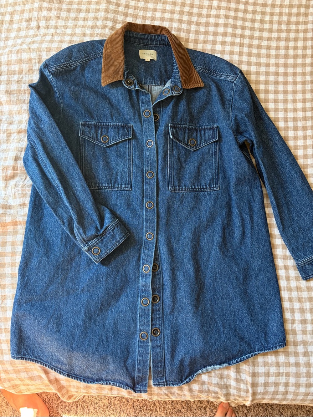 Sezane Blue Denim Utility Jacket with Brown Corduroy Collar